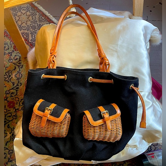 Savoy Dumpling Canvas Leather Bag Tote With Wicker Pockets, Navy - Picture 1 of 12